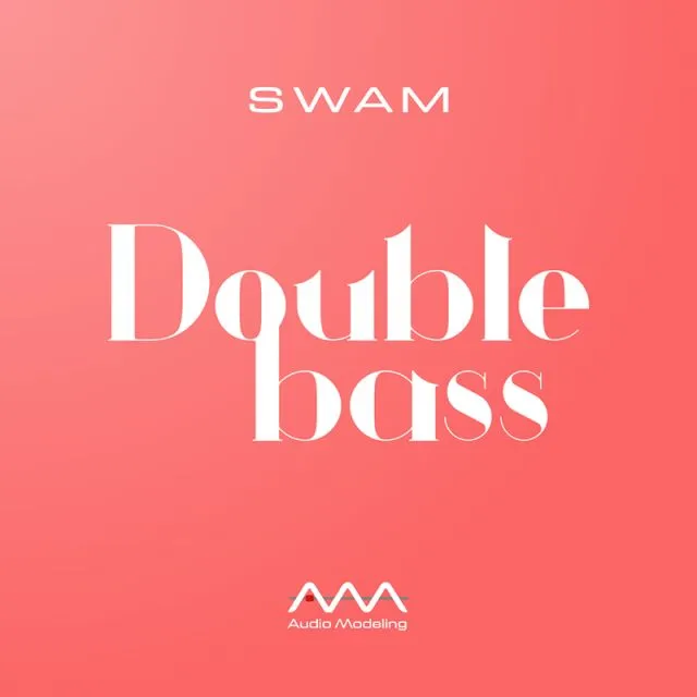 SWAM Double Bass promotional graphic with coral background and Audio Modeling branding logo