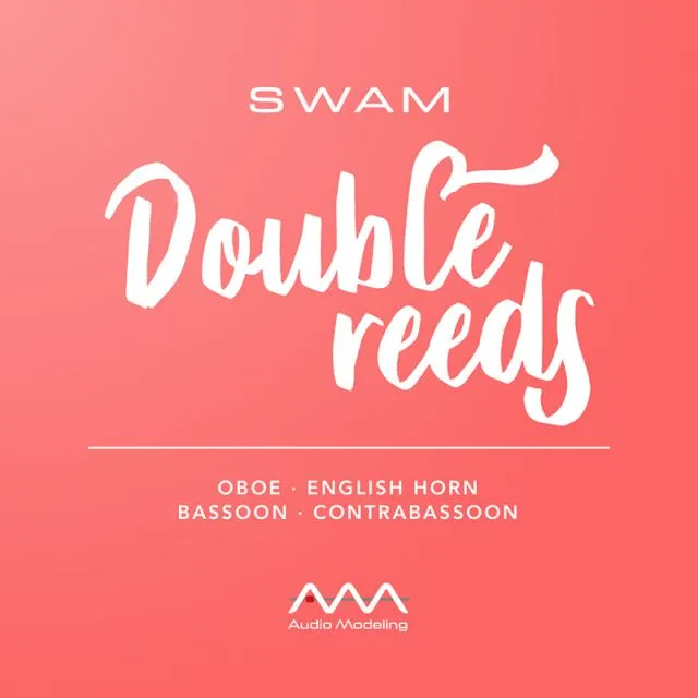 SWAM Double Reeds promotional banner featuring bright coral background with elegant white script lettering displaying instrument types