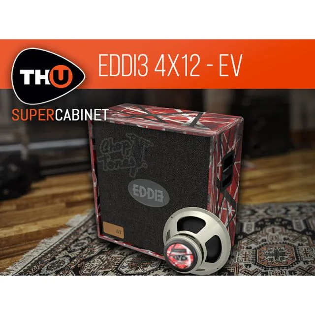 Black Eddie cabinet with red lightning graphic, Eddie logo, beige speaker with red center, THU SuperCabinet branding