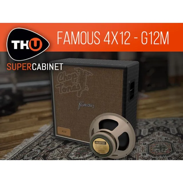 Vintage-style Famous 4x12 cabinet with brown grille, Famous logo, gold badge, beige speaker, THU SuperCabinet branding