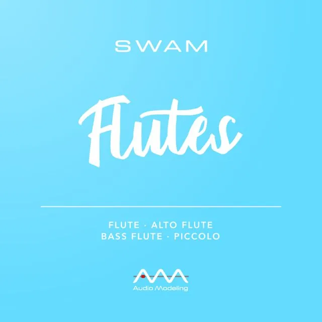 SWAM Flutes promotional logo featuring bright turquoise background with elegant white script lettering displaying instrument types