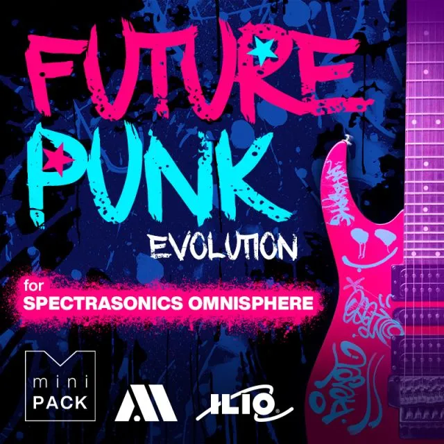 Future Punk Evolution sound pack cover with neon pink graffiti text, electric guitar graphic, and dark blue background