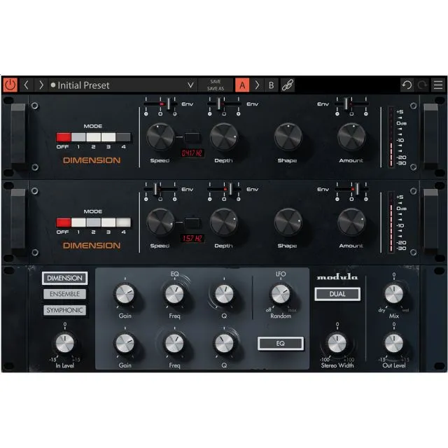 Complete Gem Modula interface showing all three chorus/modulation units: Dimension, Ensemble and Symphonic stacked