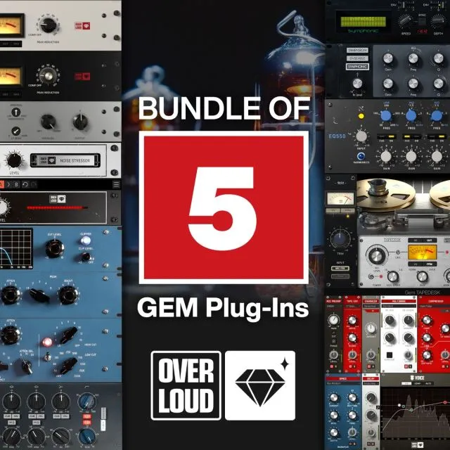 Bundle of 5 GEM audio plugins promotional image showing various synthesizer and effect interfaces with central red 5 logo