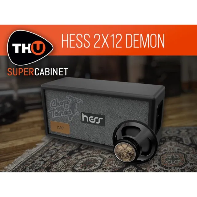 Dark gray Hess 2x12 cabinet with embossed Chop Tones logo, Hess badge, speaker, THU SuperCabinet orange branding