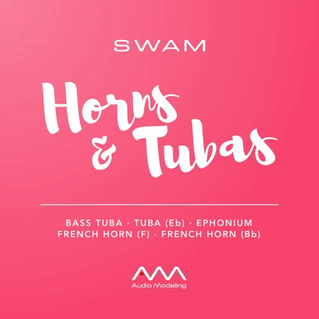 SWAM Horns &amp; Tubas product cover featuring bass tuba, tuba Eb, euphonium, French horns F and Bb by Audio Modeling