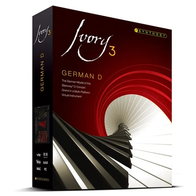 Ivory 3 German D Grand Piano product box showing red curtain design with Steinway D Concert Grand branding by Synthogy