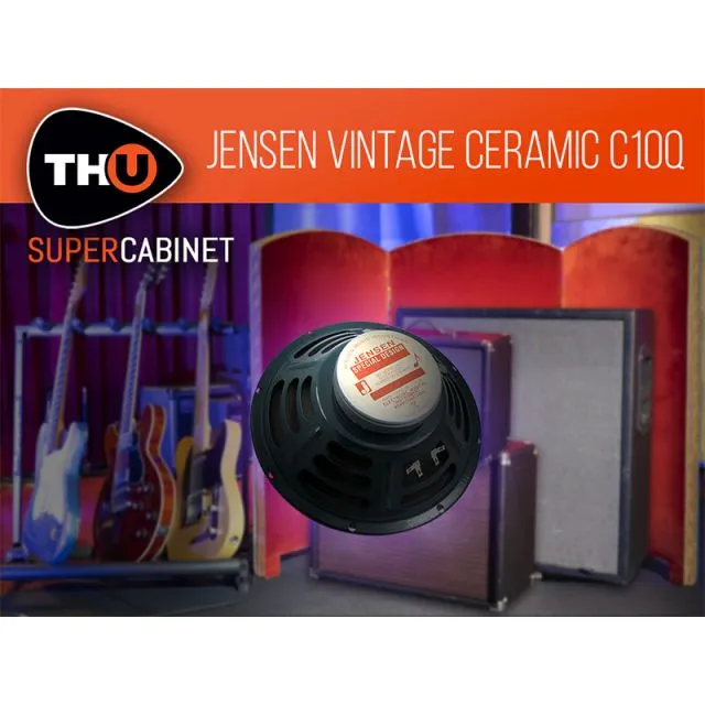 Black Jensen Vintage Ceramic speaker with purple and red cabinets, colorful guitars, and THU SuperCabinet branding