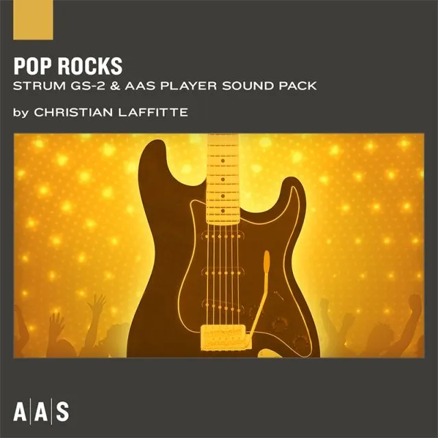 Pop Rocks sound pack cover featuring stylized electric guitar silhouette against golden starry background with AAS branding