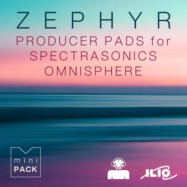 Zephyr Producer Pads sound pack cover with gradient background from teal to purple and stylized typography