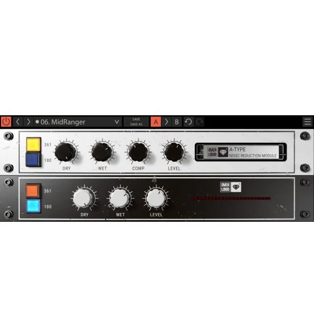 Dopamine MidRanger preset with dual frequency band controls, dry/wet/comp/level knobs, output meters