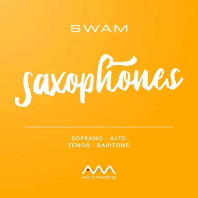 SWAM Saxophones promotional logo featuring bright orange background with elegant script lettering and Audio Modeling branding for soprano, alto, tenor, and baritone saxophone instruments