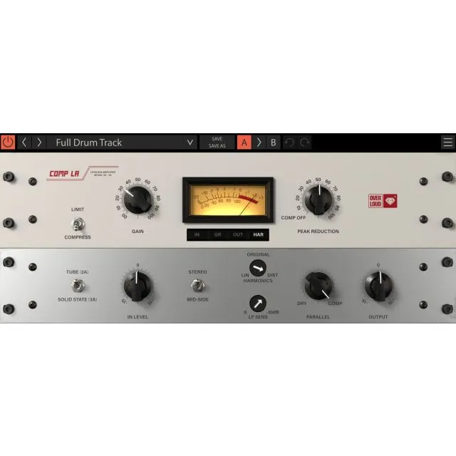 Comp LA optical compressor plugin interface optimized for full drum track processing with VU meter and controls
