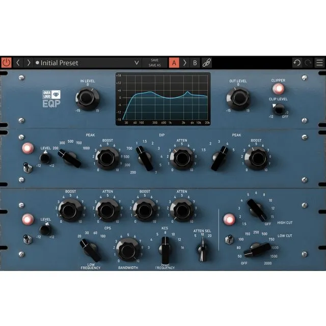 GEM EQP initial preset showing blue equalizer interface with default control settings and frequency response curve