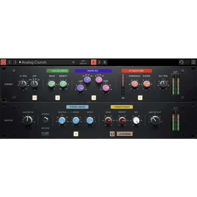 Gem Fuse plugin interface in DAW showing analog crunch and harmonics sections with colorful control knobs and VU meters
