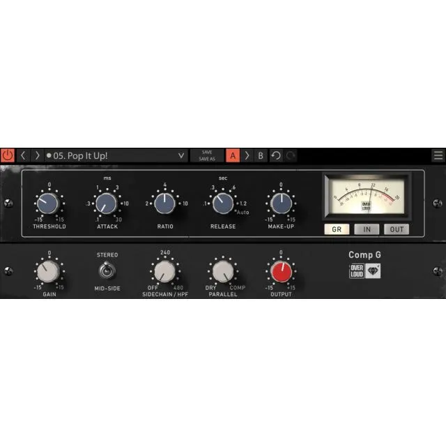 Gem Comp G plugin interface showing OS Pop It Up preset with compression controls, stereo processing and VU meter