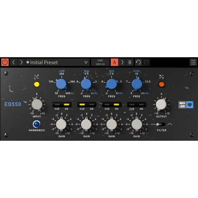EQ550 plugin interface with preset menu, frequency band controls, gain knobs, and harmonics processing section