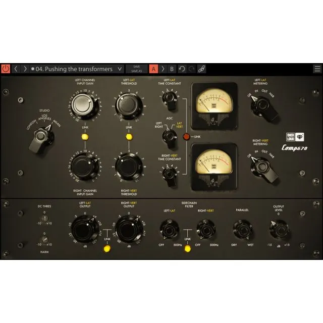 Gem Comp670 tube compressor plugin full interface view with comprehensive control layout and illuminated VU meters
