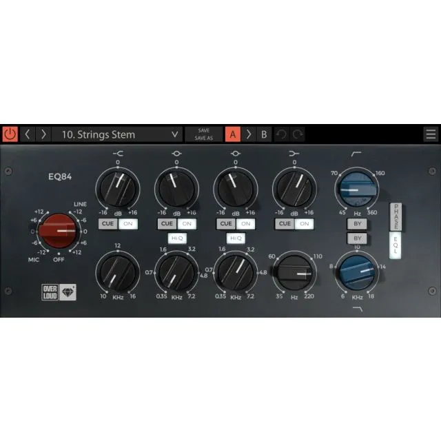EQ84 Strings Stem preset with frequency band controls, cut/off switches, and blue output knobs in plugin interface