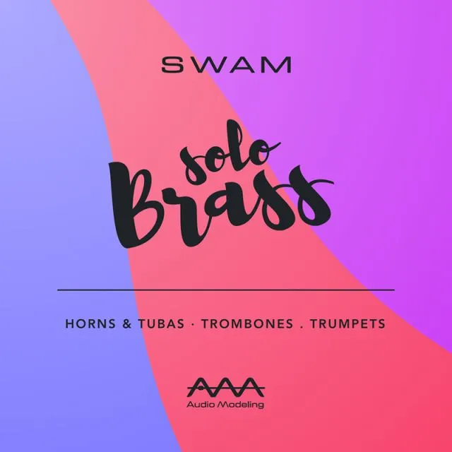 SWAM Solo Brass Bundle promotional logo featuring horns, tubas, trombones, trumpets by Audio Modeling