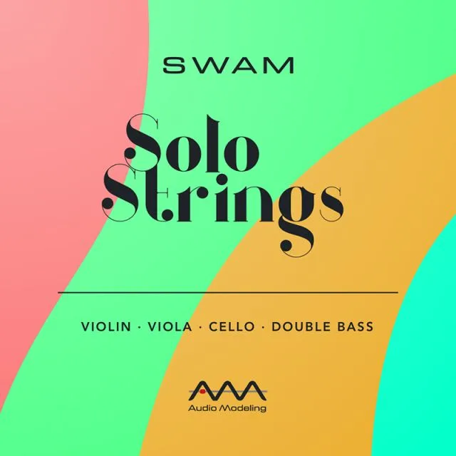 SWAM Solo Strings Bundle promotional logo featuring violin, viola, cello, double bass by Audio Modeling
