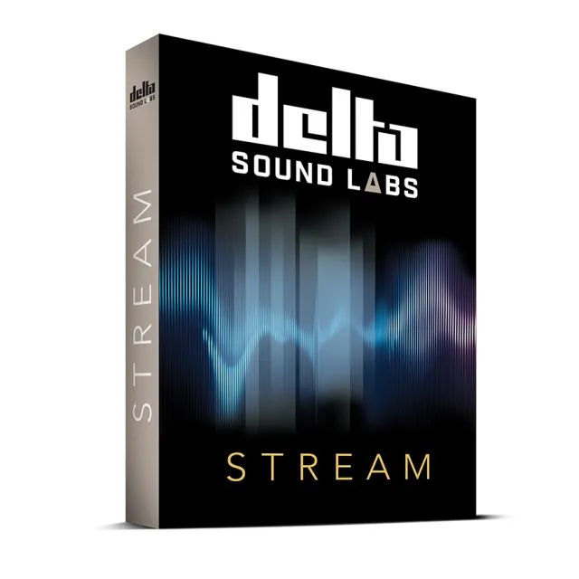 Delta Sound Labs Stream cover with blue vertical waveforms on black background and Delta Sound Labs logo