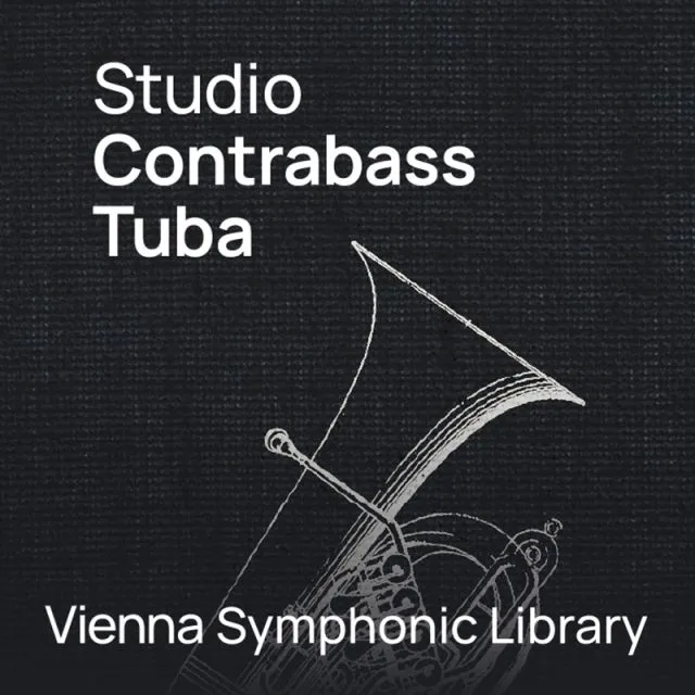 Studio Contrabass Tuba cover with white line drawing of Contrabass Tuba instrument on dark background by Vienna Symphonic Library