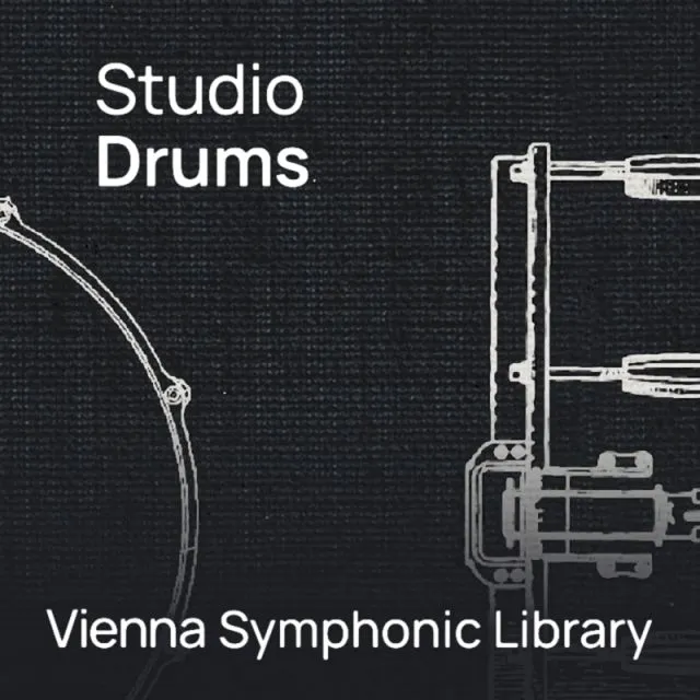 Studio Drums cover w/ drum hardware graphics on dark background