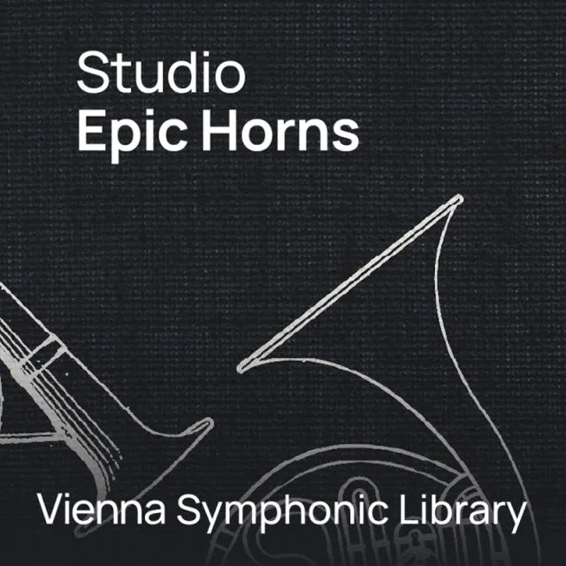 Studio Epic Horns cover with white line drawing of French horn on dark background by Vienna Symphonic Library