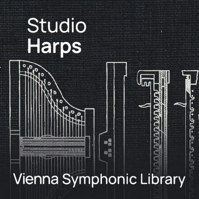 Studio Harps cover w/ harp graphics on musical notation background