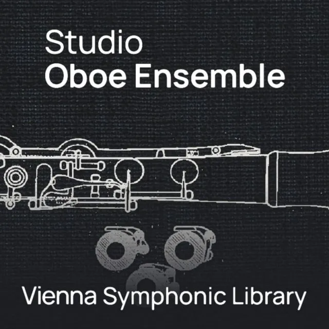 Studio Oboe Ensemble VSL cover w/ white oboe diagrams on dark bg