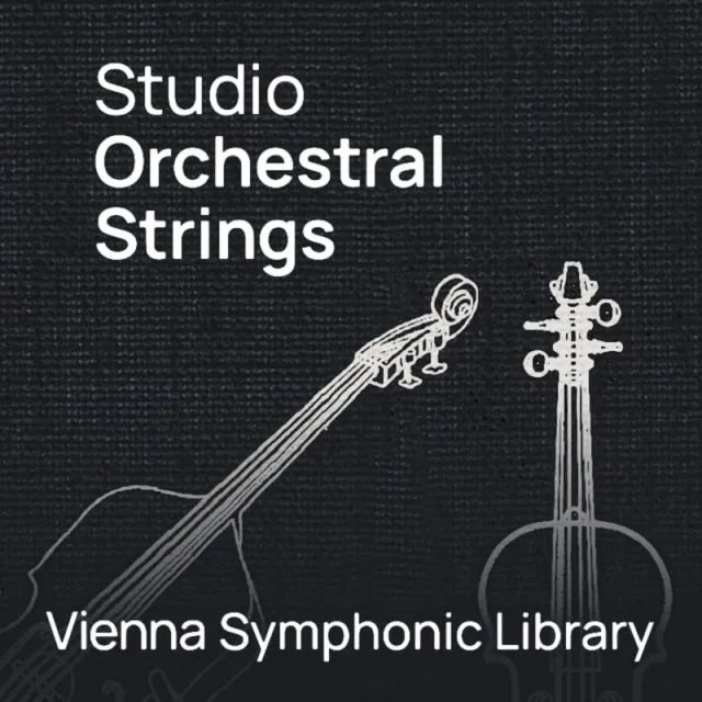 Studio Orchestral Strings cover showing minimalist white violin and cello illustrations on black background by Vienna Symphonic Library