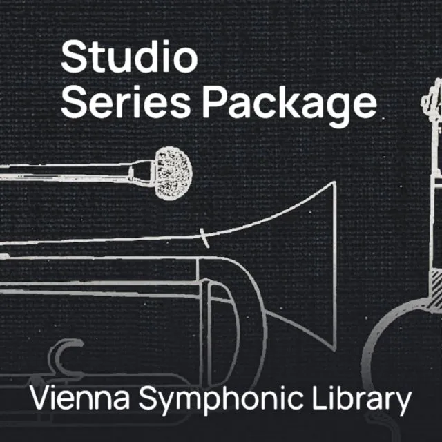 Studio Series Package cover with mic &amp; trombone graphic on dark