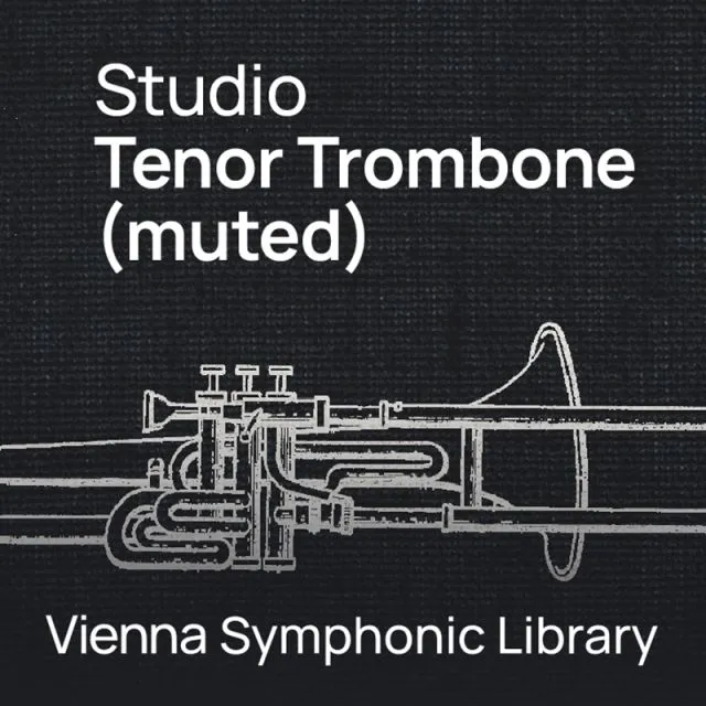 Studio Tenor Trombone (muted) cover with white line drawing of muted tenor trombone on dark background by VSL