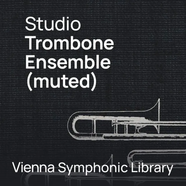 Studio Trombone Ensemble (muted) cover with white line drawing of muted trombone on dark background by VSL