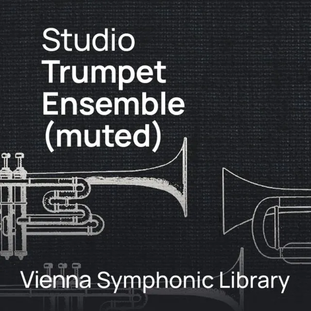 Studio Trumpet Ensemble muted cover with white trumpet drawings on dark background by Vienna Symphonic Library
