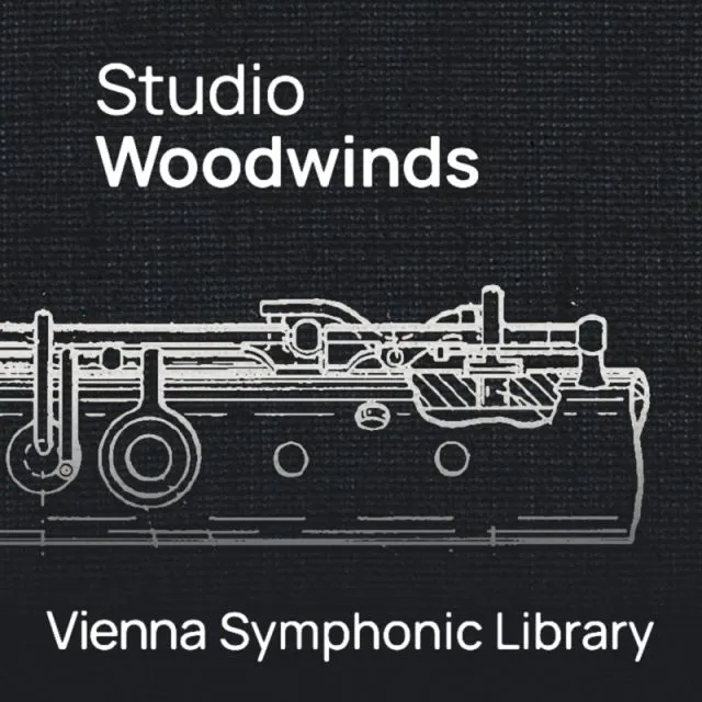 Studio Woodwinds branding with mechanical wind instrument diagram