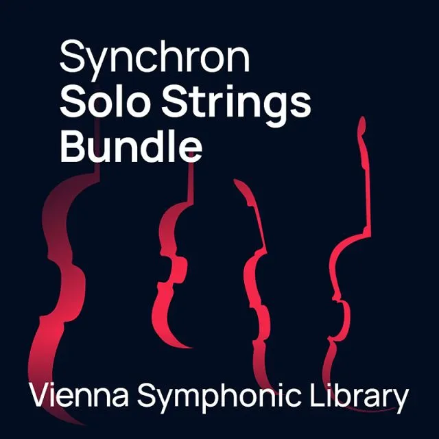 Vienna Symphonic Library Synchron Solo Strings Bundle product icon with gradient red string instrument silhouettes