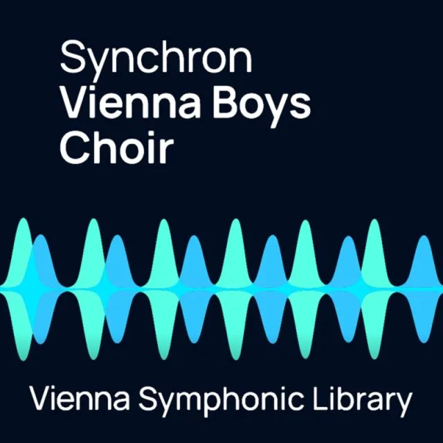 Vienna Boys Choir cover with white text and turquoise waveform patterns on dark background by Vienna Symphonic Library