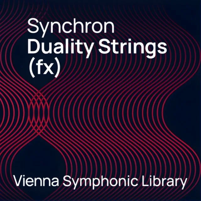 Synchron Duality Strings (fx) cover with red wavy line patterns on dark background by Vienna Symphonic Library