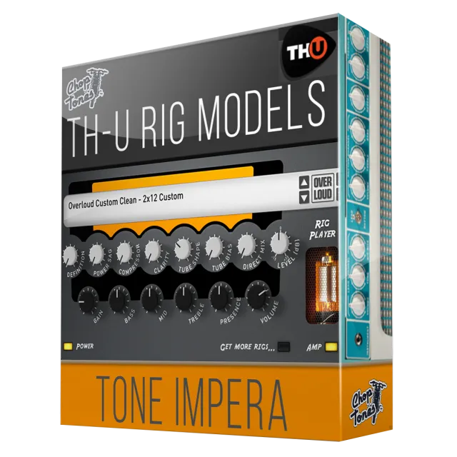 Choptones Tone Impera vintage tube amplifier plugin interface with dual-row orange controls and teal amp rack in TH-U software packaging