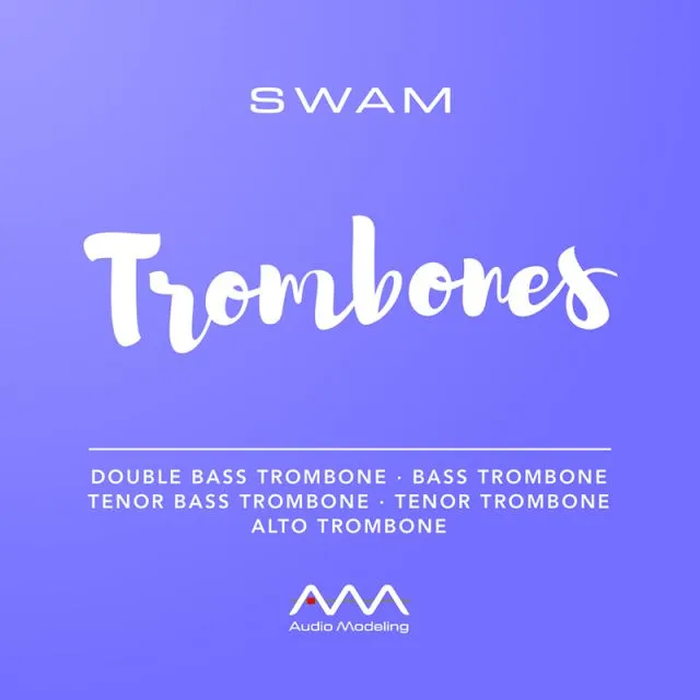 SWAM Trombones promotional logo featuring vibrant purple gradient background with white script lettering displaying trombone instrument types including Double Bass, Bass, Tenor Bass, Tenor, and Alto Trombone
