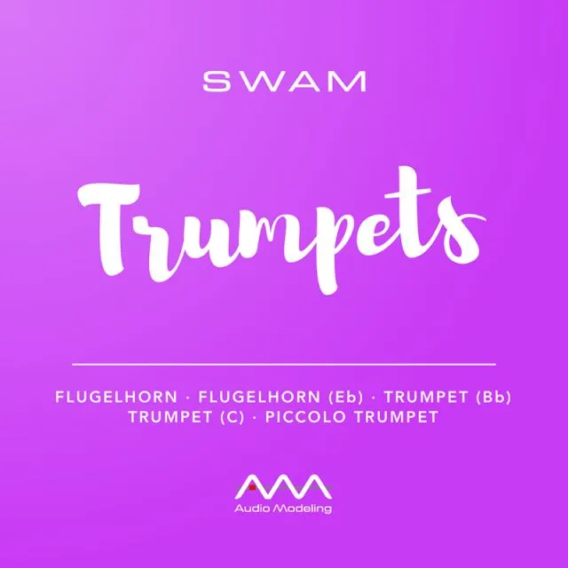 SWAM Trumpets promotional logo featuring vibrant purple background with white script lettering displaying brass instrument types including Flugelhorn, Trumpet variants, and Piccolo Trumpet