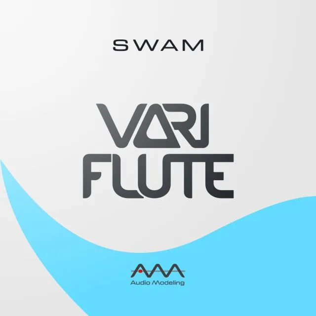 SWAM VarIFlute promotional graphic with blue gradient background and Audio Modeling branding logo