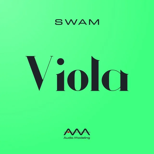 SWAM Viola promotional graphic with green background and Audio Modeling branding logo
