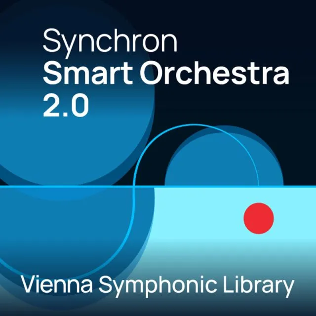 Synchron Smart Orchestra 2.0 cover with blue gradient circles, red dot, and Vienna Symphonic Library branding