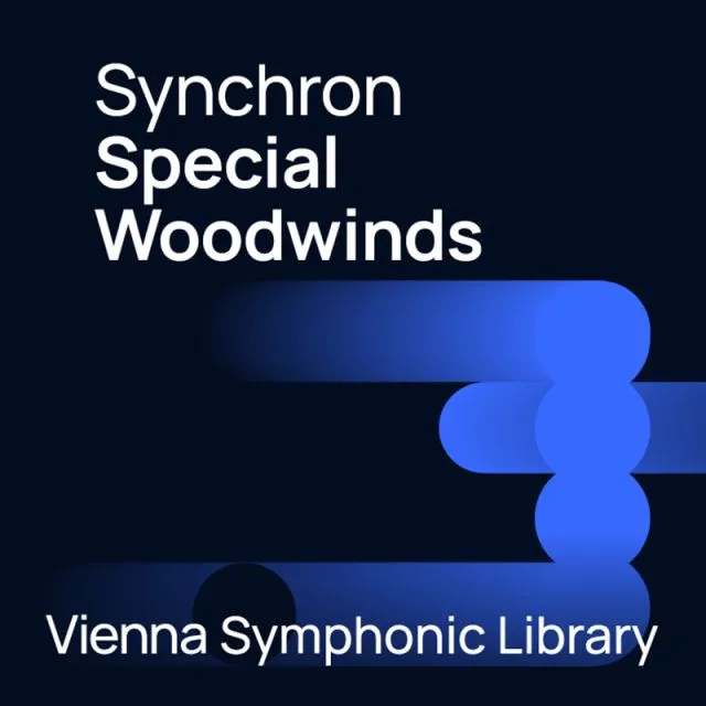 Synchron Special Woodwinds cover with stylized blue woodwind illustration on dark background by Vienna Symphonic Library