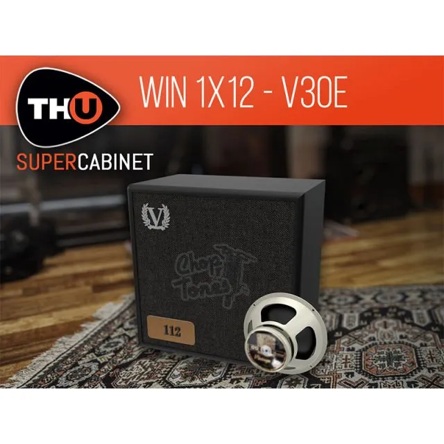 Black Win 1x12 cabinet with Chop Tone branding and V30E speaker on patterned rug, wooden floor, THU SuperCabinet