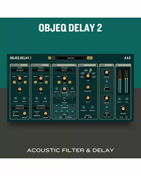 Objeq Delay 2 physical modeling delay plugin interface with acoustic filter and delay engine, featuring modulation controls, psychoacoustic panning, and multi-tap delay processing