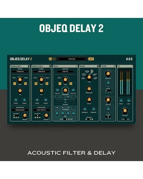 Objeq Delay 2 physical modeling delay plugin interface with acoustic filter and delay engine, featuring modulation controls, psychoacoustic panning, and multi-tap delay processing